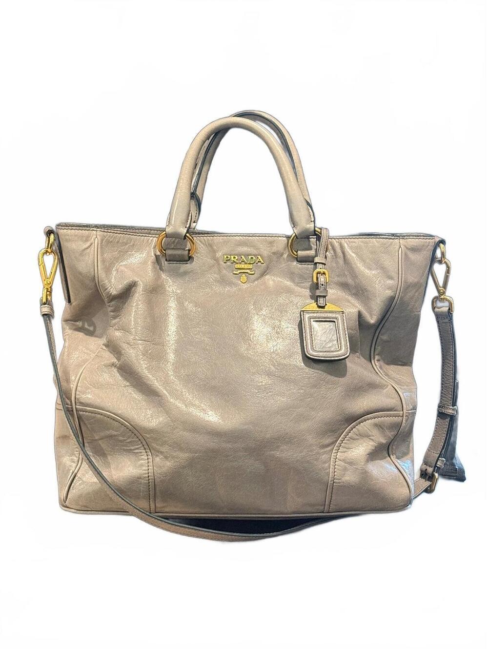 Prada Vitello Shine 2-Way Gray Leather Tote Bag w/ COA - Authentic!